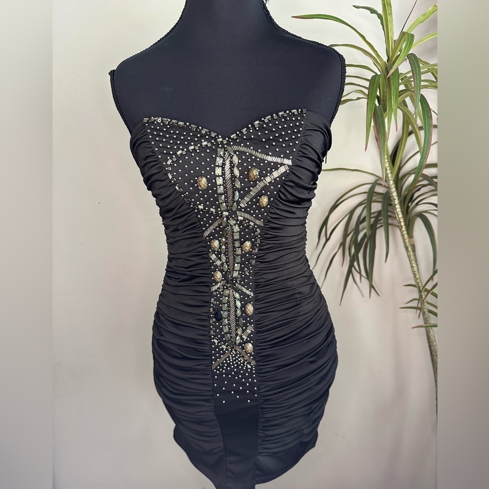 Y2K beaded strapless ruched mini party dress rhinestone pleated bodycon dress s